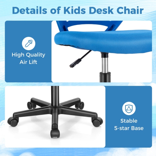 Chaise de bureau ergonomique à hauteur réglable pour enfants avec chaise de travail à roulettes universelles de Costway