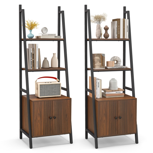 Costway 2 PCS Ladder Shelf Industrial Bookcase with Cabinet Metal Frame for Living Room