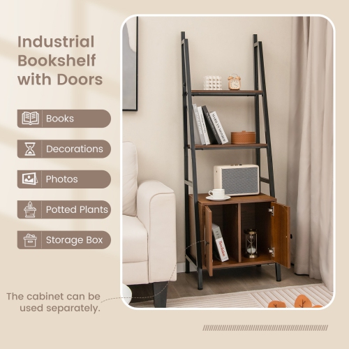 Costway 2 PCS Ladder Shelf Industrial Bookcase with Cabinet Metal Frame for Living Room