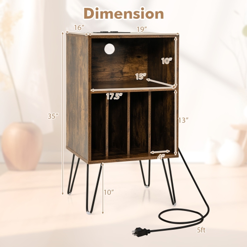 Costway 1 PCS 3-Tier Record Player Stand with Charging Station Shelf & 4 Dividers for Bedroom Rustic Brown