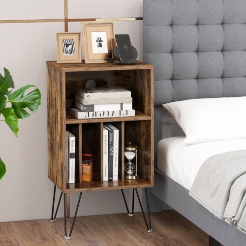 Costway 1 PCS 3-Tier Record Player Stand with Charging Station Shelf & 4 Dividers for Bedroom Rustic Brown
