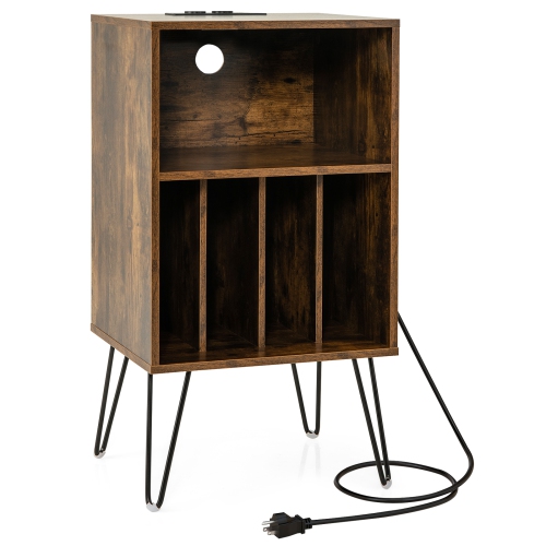 Costway 1 PCS 3-Tier Record Player Stand with Charging Station Shelf & 4 Dividers for Bedroom Rustic Brown
