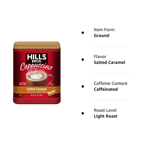 Hills Bros Instant Salted Caramel Cappuccino Mix, Easy to Use and Convenient, Enjoy Coffeehouse Flavor from Home, 14 Oz