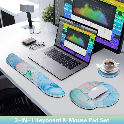 3-in-1 Mouse Pad with Wrist Rest Set,Wrist Support Mouse Pad+Keyboard Gel Wrist Rest+Cup Pad,Ergonomic Mouse Pad,Relieving Wrist Pain,Non-Slip