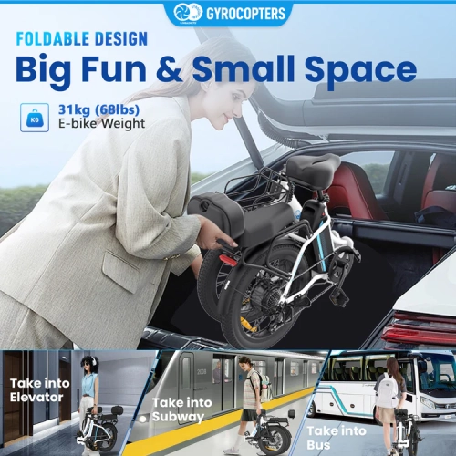 Vélo électrique pliable iCaddy de Gyrocopters | UL 2849 | Moteur c.c. sans balais 650 W Peak | Plage PAS jusqu'à 125 km | Vitesse jusqu'à