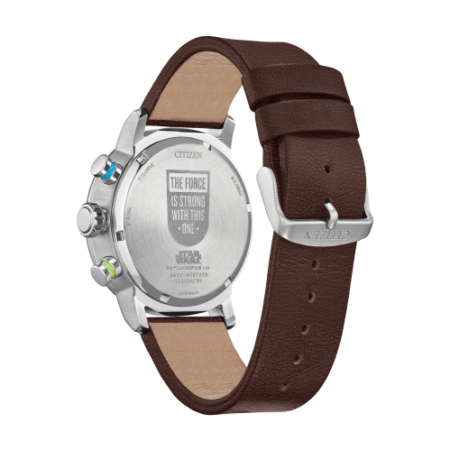 Montre pour hommes Luke Skywalker japonaise Eco-Drive 44 mm boîtier inox argenté bracelet cuir bleu avec cadran bleu de Star Wars