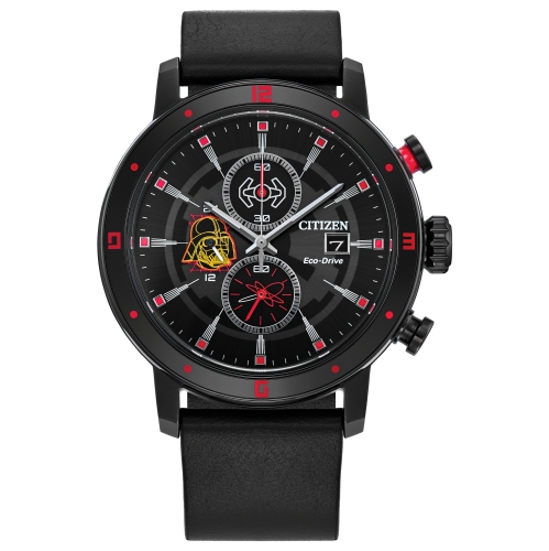 Star Wars Mens Darth Vader Japanese Eco-Drive Watch 44mm Black Stainless Steel Case Leather Strap with Black Dial