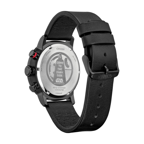 Montre pour hommes à éco-conduite japonaise Darth Vader de Star Wars, 44&nbsp;mm boîtier en inox noir, bracelet en cuir et cadran noir