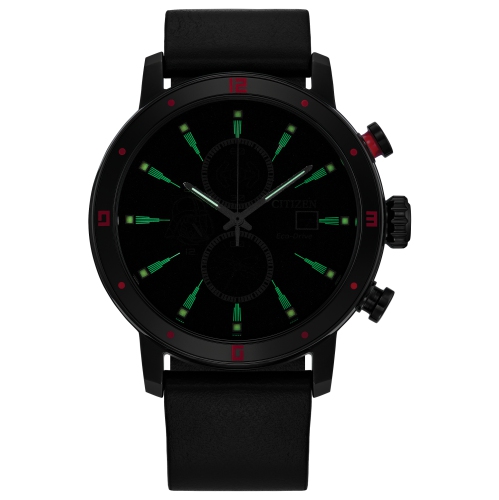 Montre pour hommes à éco-conduite japonaise Darth Vader de Star Wars, 44&nbsp;mm boîtier en inox noir, bracelet en cuir et cadran noir