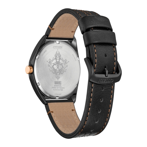 Marvel Mens Tony Stark '63 Japanese Eco-Drive Watch 43mm Black Stainless Steel Case Leather Strap with Black Dial