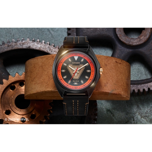 Marvel Mens Tony Stark '63 Japanese Eco-Drive Watch 43mm Black Stainless Steel Case Leather Strap with Black Dial