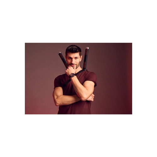 Marvel Mens Here Comes Deadpool Japanese Eco-Drive Watch 42.6mm Black Stainless Steel Case Leather Strap with Black Dial