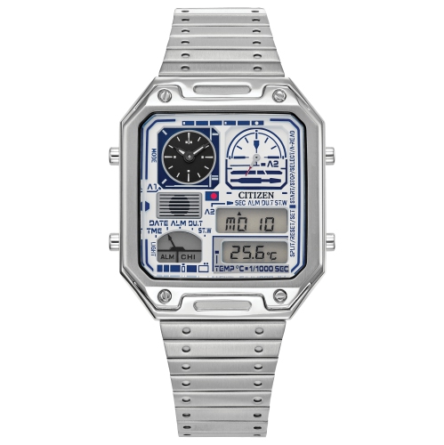 CITIZEN STAR WARS  Star Wars Mens R2-D2 Japanese Quartz Watch 33.5MM Silver-Tone Stainless Steel Case And Bracelet With Dial (Jg2121-54A) In White