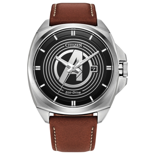 Marvel Mens Avengers Japanese Eco-Drive Watch 42mm Silver-Tone Stainless Steel Case Brown Leather Strap with Black Dial
