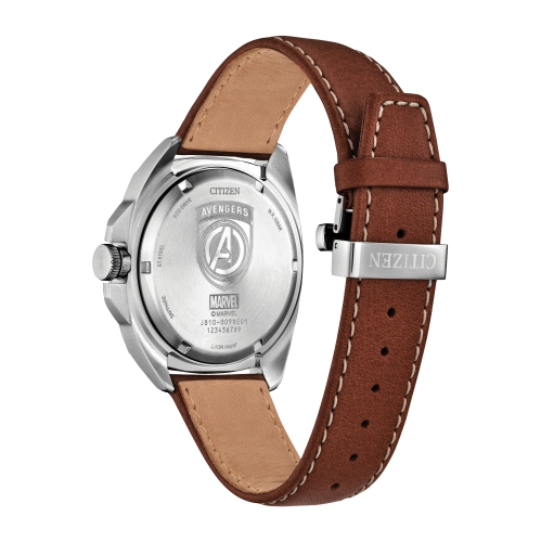 Marvel Mens Avengers Japanese Eco-Drive Watch 42mm Silver-Tone Stainless Steel Case Brown Leather Strap with Black Dial