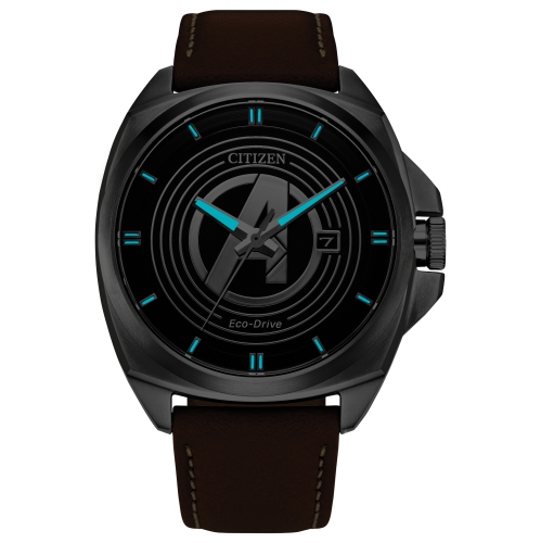 Marvel Mens Avengers Japanese Eco-Drive Watch 42mm Silver-Tone Stainless Steel Case Brown Leather Strap with Black Dial