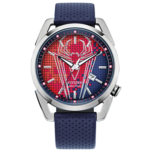 CITIZEN MARVEL  Marvel Mens Spider-Man Japanese Eco-Drive Watch 42MM Silver-Tone Stainless Steel Case Blue Leather Strap With Dial (Aw1680-03W) In Red