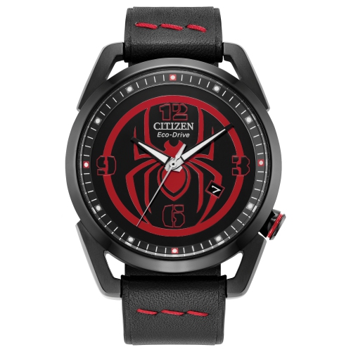 Marvel Mens Miles Morales Japanese Eco-Drive Watch 42mm Black Stainless Steel Case Leather Strap with Black Dial