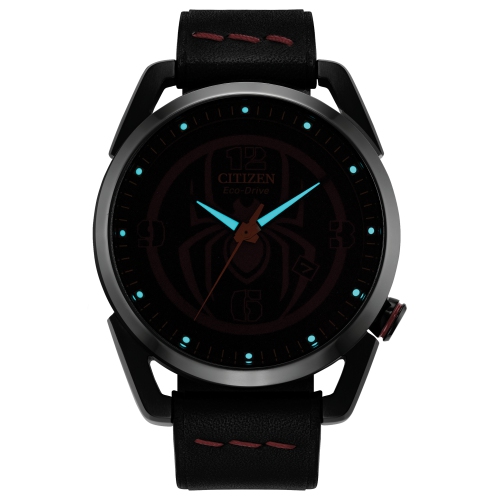 Montre homme Miles Morales japonaise Eco-Drive 42 mm bracelet cuir inox noir et cadran noir Marvel