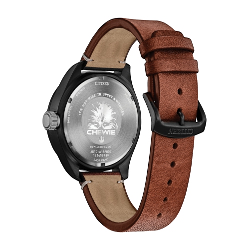 Star Wars Mens Chewbacca Japanese Eco-Drive Watch 43mm Black Stainless Steel Case Brown Leather Strap with Black Dial