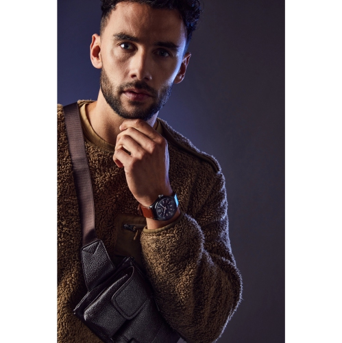 Star Wars Mens Chewbacca Japanese Eco-Drive Watch 43mm Black Stainless Steel Case Brown Leather Strap with Black Dial