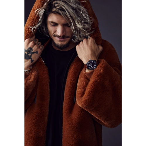 Star Wars Mens Chewbacca Japanese Eco-Drive Watch 43mm Black Stainless Steel Case Brown Leather Strap with Black Dial