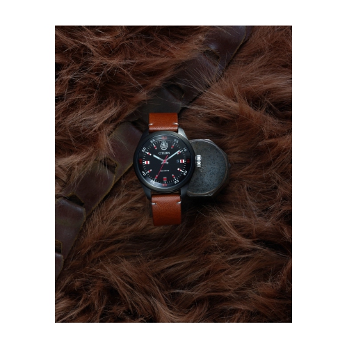 Star Wars Mens Chewbacca Japanese Eco-Drive Watch 43mm Black Stainless Steel Case Brown Leather Strap with Black Dial