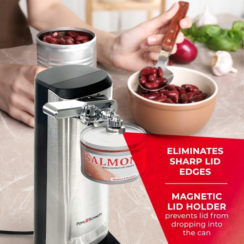 POHL SCHMITT Electric Can Opener with Knife Sharpener & Bottle Opener - Easy Push Down Lever - For All Standard-Size & Pop-Top Cans - Durable