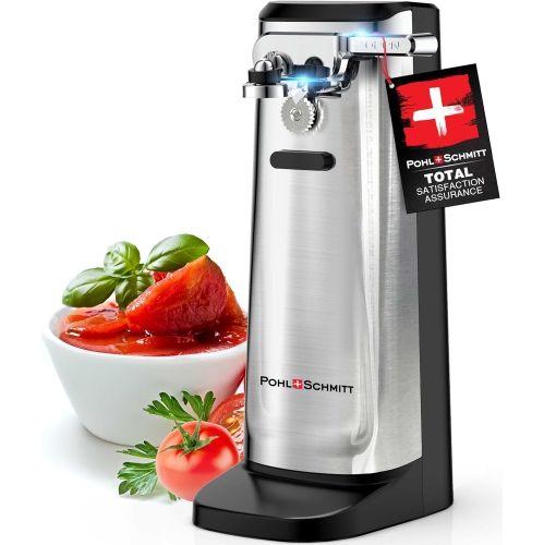 POHL SCHMITT Electric Can Opener with Knife Sharpener & Bottle Opener - Easy Push Down Lever - For All Standard-Size & Pop-Top Cans - Durable