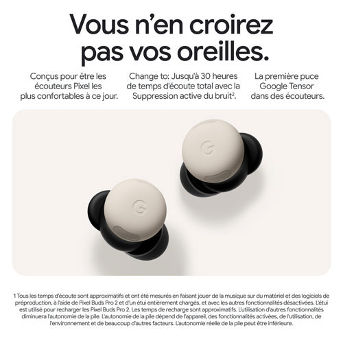 Écouteurs boutons 100 % sans fil à suppression du bruit Pixel Buds Pro 2 de Google - Porcelaine