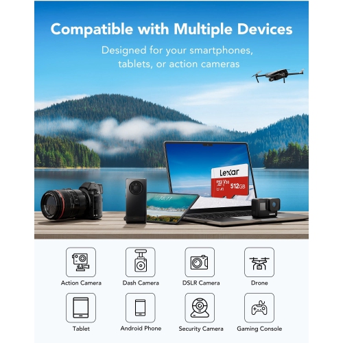 Lexar E-Series 512GB Micro SD Card, microSDXC UHS-I Flash Memory Card with Adapter, 100MB/s, C10, U3, A1, V30