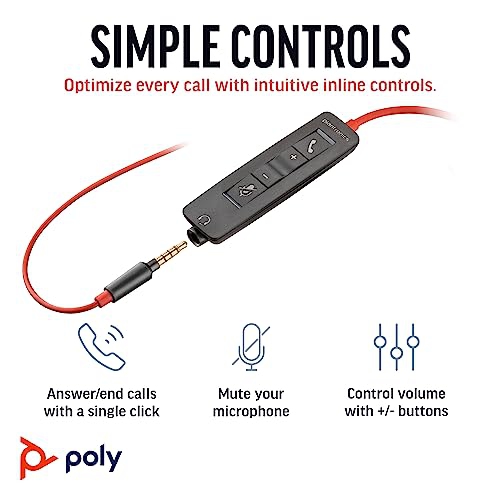 Micro-casque avec fil poly Blackwire 3225 – Microphone à suppression du bruit – conception stéréo – se connecte à PC/Mac/Mobile via.