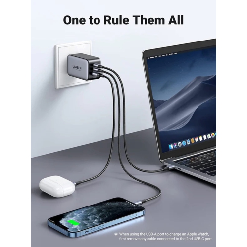 UGREEN 65W 3 Port GaN Fast Charger Compatible with Phones, Tablets/iPad, PC and Mac, 2x USB-C,1x USB-A