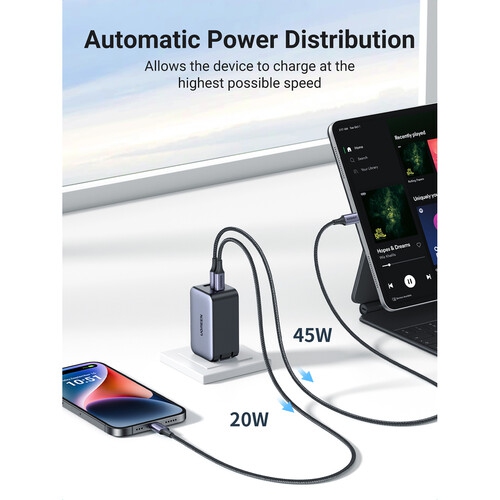 UGREEN 65W 3 Port GaN Fast Charger Compatible with Phones, Tablets/iPad, PC and Mac, 2x USB-C,1x USB-A