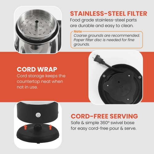 Percolateur à café électrique Elite Gourmet EC812 avec fonction de maintien au chaud, bouton de progression Clear Brew Cool-Touch poignée se sans fil.