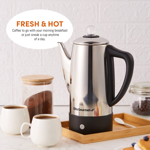 Percolateur à café électrique Elite Gourmet EC812 avec fonction de maintien au chaud, bouton de progression Clear Brew Cool-Touch poignée se sans fil.