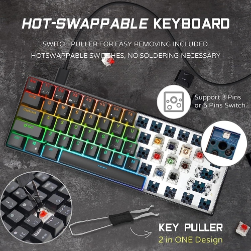 RK ROYAL KLUDGE RK61 Wired 60% Mechanical Gaming Keyboard Programmable QMK/VIA RGB Backlit 61 Keys Ultra-Compact