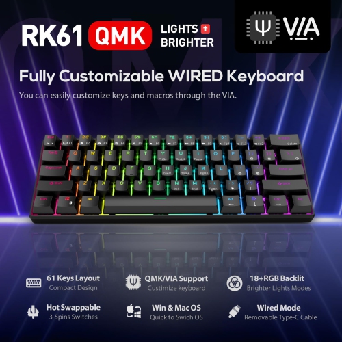 RK ROYAL KLUDGE RK61 Wired 60% Mechanical Gaming Keyboard Programmable QMK/VIA RGB Backlit 61 Keys Ultra-Compact