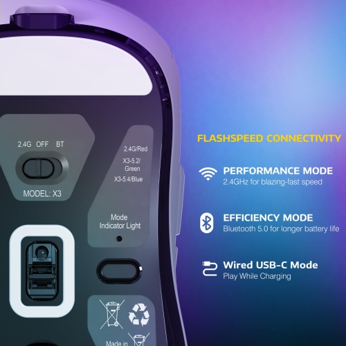 X3 Superlight Wireless Gaming Mouse, 49g Ergonomic Computer Mouse, Triple Modes PAW3395 26K DPI Optical Sensor