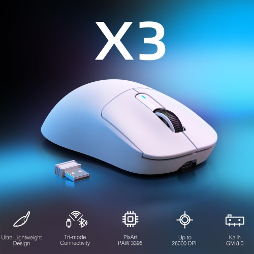 X3 Superlight Wireless Gaming Mouse, 49g Ergonomic Computer Mouse, Triple Modes PAW3395 26K DPI Optical Sensor