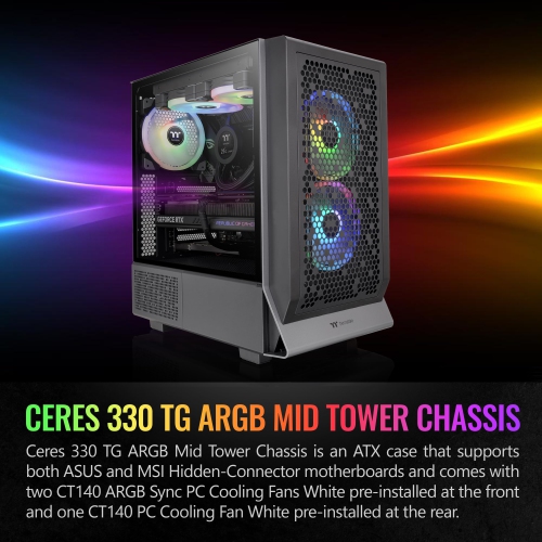 Ceres 330 TG ARGB Black Mid Tower E-ATX Case Supports Hidden-Connector Motherboard