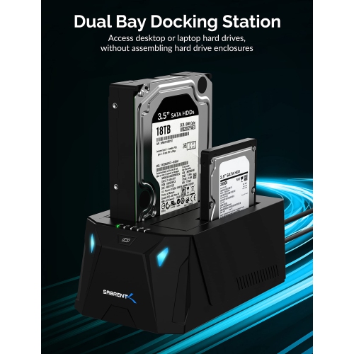 Station d'accueil USB de type C SATA 2,5" & 3,5" pour disque dur à deux baies de SABRENT | clonage hors ligne | jusqu'à 5 Gb/s