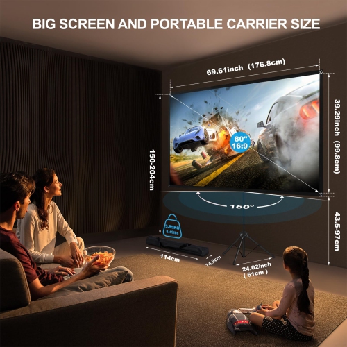 Portable Projector Screen with Stand, Outdoor Movie Screen, 80 Inch 16:9 Light-Weight, Mobile and Compact