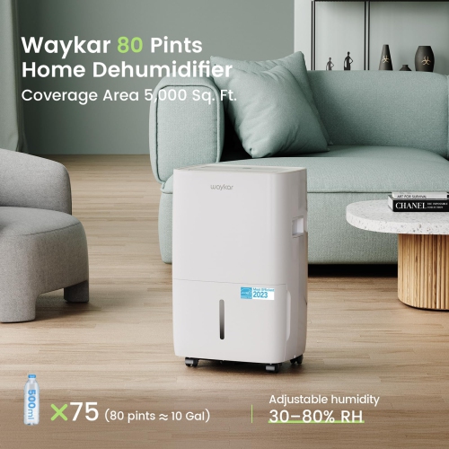 Waykar 80 Pints Energy Star Dehumidifier for Spaces up to 5000 Sq. Ft at Home, in Basements and Large Rooms