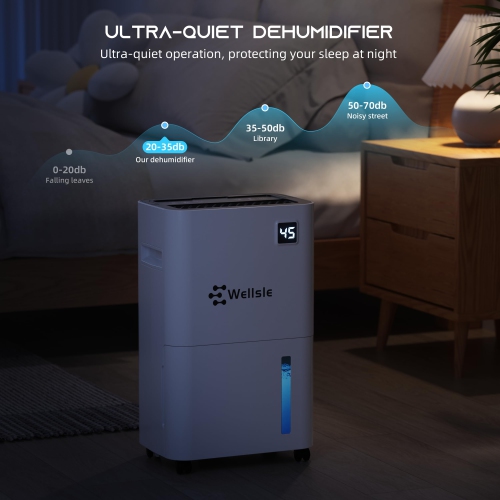 Déshumidificateurs Wellsle de 50 chopines pour chambre au sous-sol avec contrôle intelligent de l'humidité, minuterie de 24HR h, réservoir de 0,66