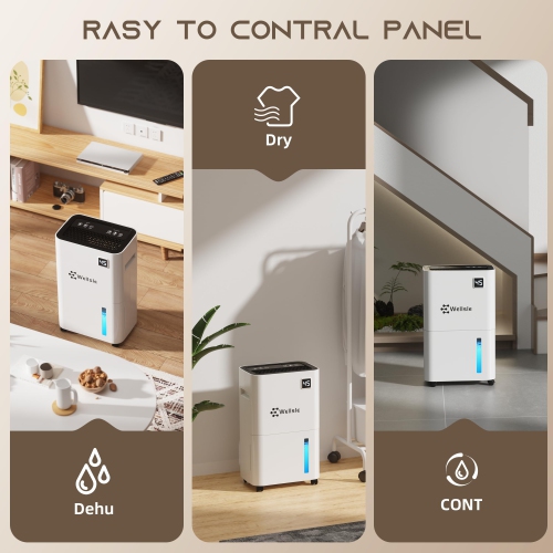 Déshumidificateurs Wellsle de 50 chopines pour chambre au sous-sol avec contrôle intelligent de l'humidité, minuterie de 24HR h, réservoir de 0,66