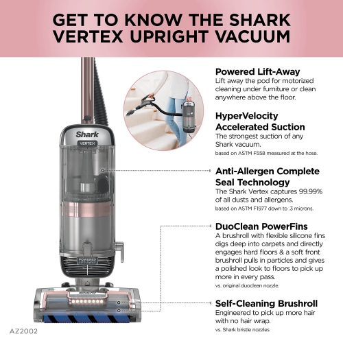 Shark AZ2002C Vertex DuoClean PowerFin Upright Vacuum with Powered Lift-Away and Self-Cleaning Brushroll, Rose Gold