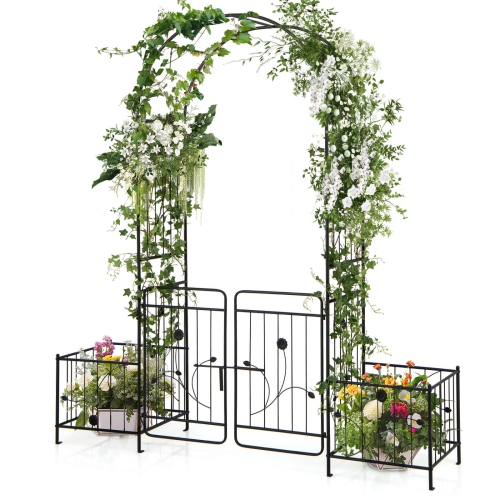 Costway 87" Garden Arbor Arched Lockable Gate Top Arbor Trellis with Side Planters