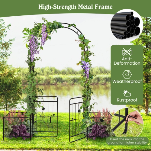 Costway 87" Garden Arbor Arched Lockable Gate Top Arbor Trellis with Side Planters