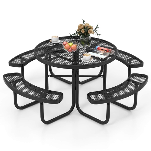 COSTWAY  45" Coated Steel Camping Table Outdoor Round Picnic Table & Bench Set for 8